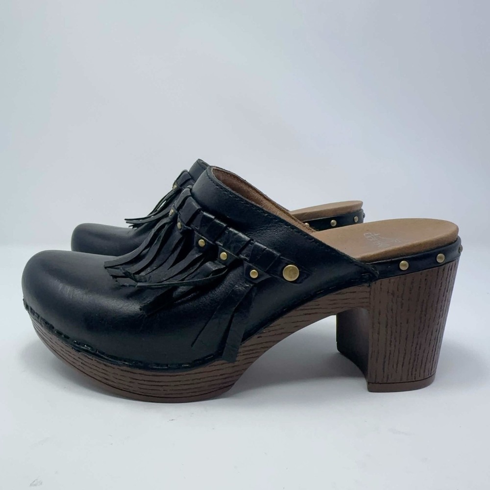 Dansko Deni Black Leather Fringe Kiltie Mule Clogs Womens EU 39 US 8.5 Platform